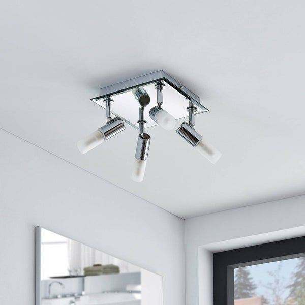 Deckenleuchte mit vier Strahlern aus Metall und Glas