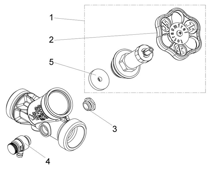 Technische Explosionszeichnung eines Schrägsitzventils DN 25 mit nummerierten Einzelteilen wie Handrad, Ventilgehäuse und Dichtung.