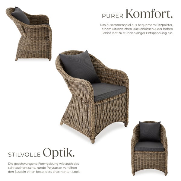 4er Set Rattansessel tectake  71 x 60 x 84 cm mit Aluminiumgestell natur