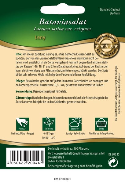 Rückseite der Samentüte für Bataviasalat Leny mit Hinweisen zu Aussaat, Keimung, Standort und Ernte. Inhalt reicht für circa 100 Pflanzen.