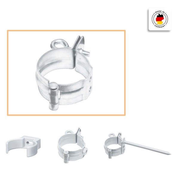 Metall-Rohrschelle mit Gelenk und Schraubverschluss, verschiedene Ausführungen inklusive Schlagstift und Kunststoffclip, hergestellt in Deutschland.