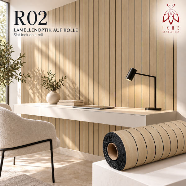 Wandverkleidung in Lamellenoptik auf einer Rolle mit moderner Holzmaserung zur einfachen Wandgestaltung im Innenbereich.