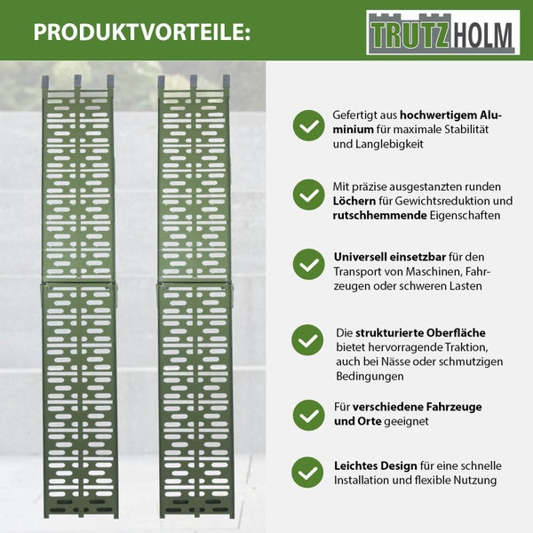 Zwei grüne Trutzholm-Auffahrrampen aus Aluminium mit rechteckigen Aussparungen.