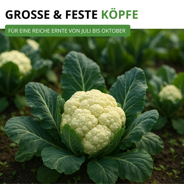 Blumenkohlpflanze auf einem Feld mit großen, festen Köpfen und grünen Blättern, geeignet für die Ernte von Juli bis Oktober.