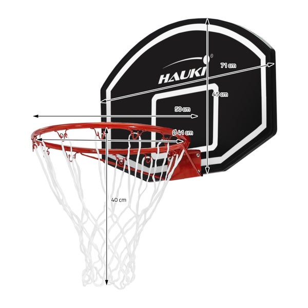 Hauki Basketballkorb-Set mit Ring Ø 41 cm und Netz, 71 x 45 cm, Schwarz, Basketball-Backboard für Wandmontage, wetterfest, In/Outdoor, Hängender Basketballbrett Basketballring, für Erwachsene & Kinder