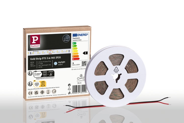 Paulmann LED-Streifen Gold Strip P75, 5 Meter lang, 10 Millimeter breit, tageslichtweiß 6500 Kelvin, IP20, mit Verpackung und Rolle.