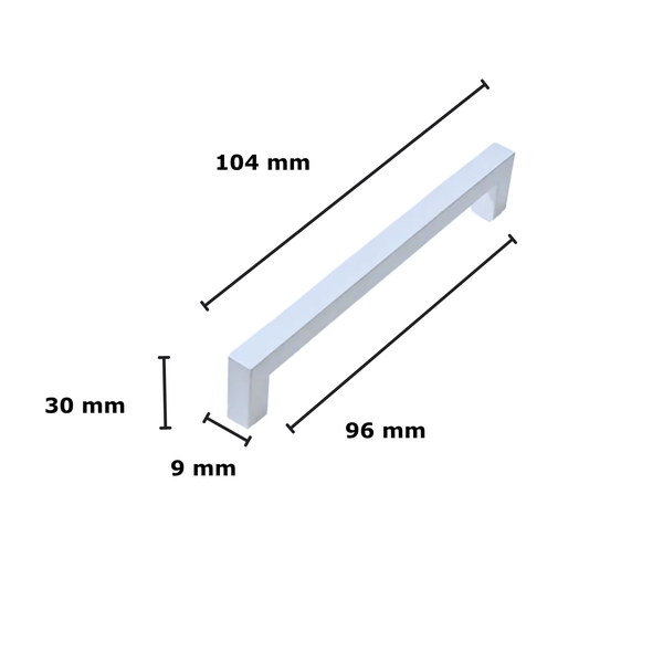 Schrankgriff mit den Maßen 104 mm Länge, 96 mm Lochabstand, 30 mm Höhe und 9 mm Breite
