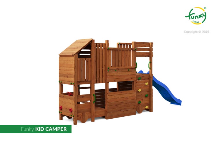 Funky KID CAMPER Spielturm aus Holz in Camper-Optik mit blauer Rutsche, Kletterwand und zwei Ebenen.