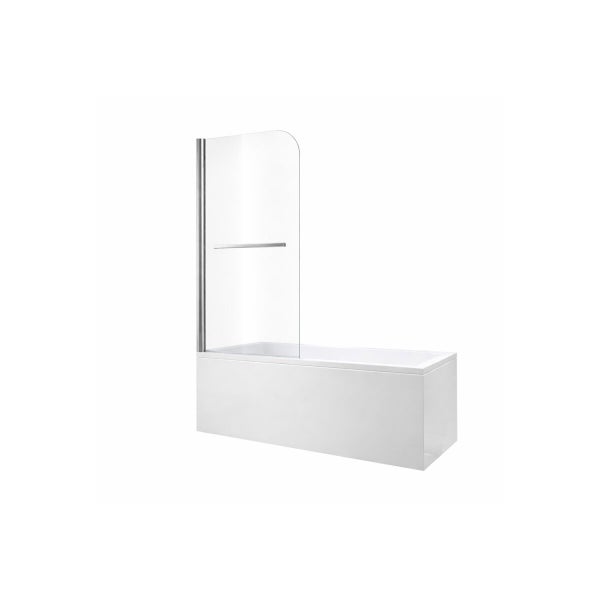 Weiße Badewanne mit Glas-Duschwand, abgerundeter Ecke, Handtuchhalter und Metallprofil.
