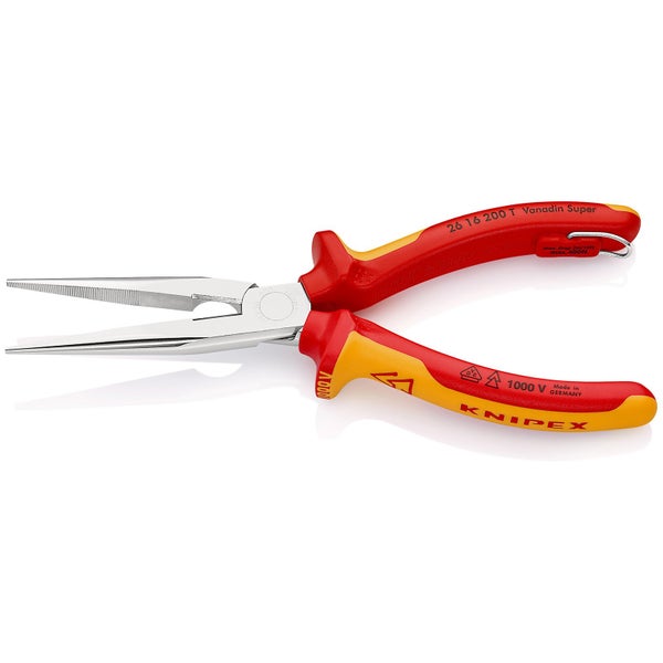 Knipex Flachrundzange mit Schneide/Befestigungsöse verchromt, isoliert mit Mehrkomponenten-Hüllen, VDE-geprüft; mit integrierter isolierter Befestigungsöse zum Anbringen einer Absturzsicherung 200 mm - 2616200TBK