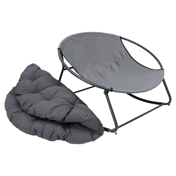 Klappbarer Rundsessel mit grauem Metallgestell und passender gepolsterter Auflage.
