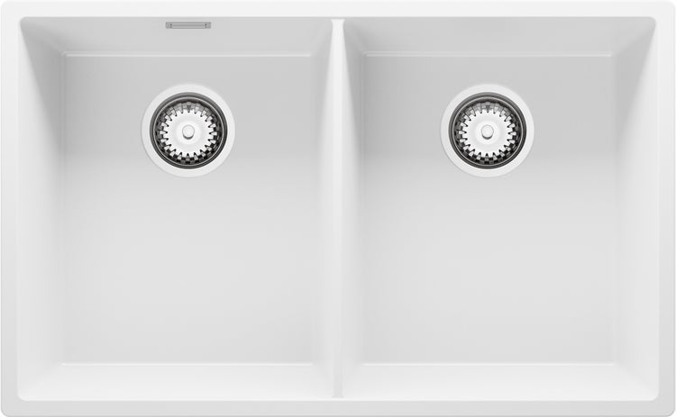 PRIMAGRAN Spülbecken Weiß 76x47cm, Granitspüle 2 Becken + Ablauf-Set, Küchenspüle ab 80er Unterschrank - London Slim Twin