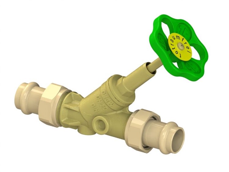 Freistromventil Nennweite 20, totraumfrei, mit Pressanschlüssen und grünem Handrad.
