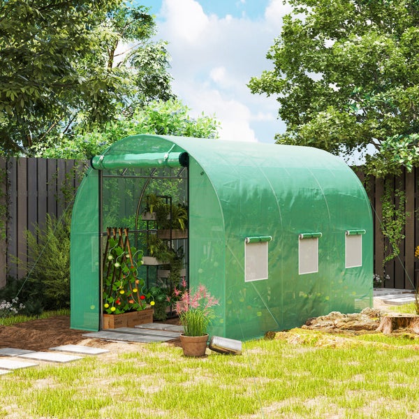 Outsunny Gewächshaus Foliengewächshaus mit 6 Fenster, Rolltür, Aufrollbar Seitenwänden, UV-beständiger Folientunnel, Winterfest Tomatenhaus mit Erdanker, Grün