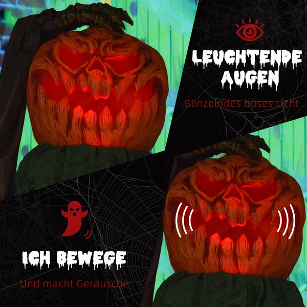 HOMCOM 183cm Halloween Dekoration Skelett-Kürbis mit LED-Lichter, Soundfunktion, Haustür Deko mit verstellbarem Kopf, Garten Dekofigur in Lebensgröße für Party