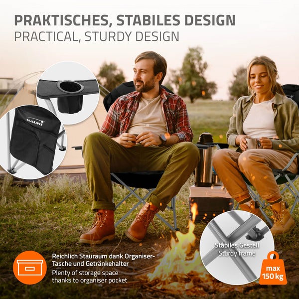 Hauki Campingmöbel Set 3tlg. Campingtisch faltbar Beige mit 2 Campingstühlen Schwarz, Camping-Set für 2 Person mit Tragetasche, Alu Klapptisch mit 2 Angelstuhl, Sitzgarnitur Sitzgruppe Gartenmöbel