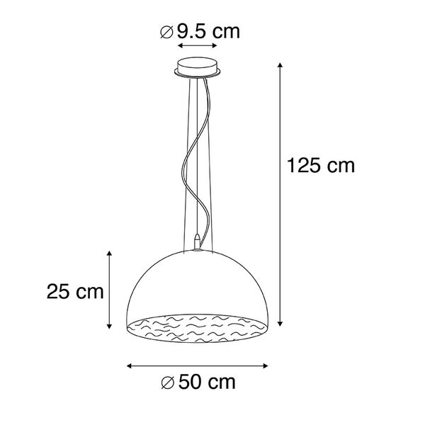 Technische Zeichnung einer Pendelleuchte mit den Maßen 9,5 cm, 25 cm, 50 cm und 125 cm.