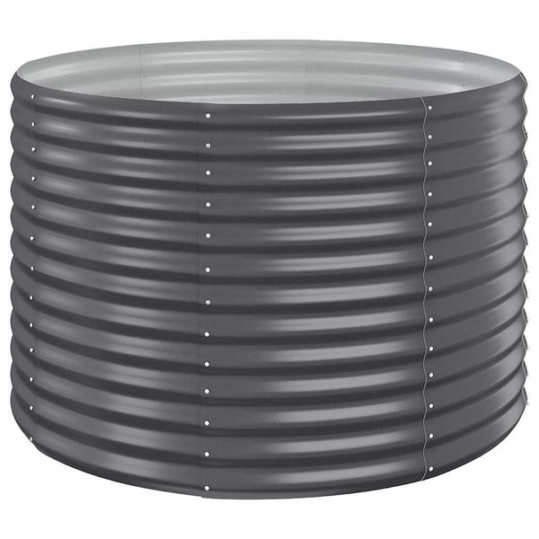 Rundes Hochbeet aus gewelltem Metall in Anthrazit.