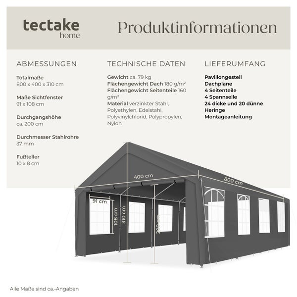 Infografik zum Tectake Home Partyzelt mit technischen Daten und Abmessungen in Zentimetern.