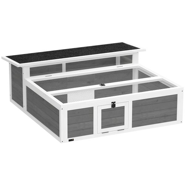 Kleintierstall aus Holz mit integriertem Freigehege und wetterfestem Dach.