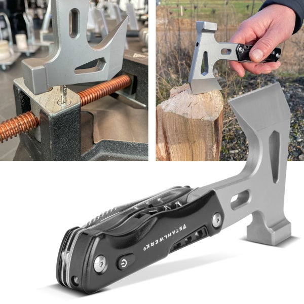 Stahlwerk Multitool mit Axt, Hammer und ausklappbaren Werkzeugen, Anwendung beim Holzspalten und als Schraubendreher in einer Werkstatt.