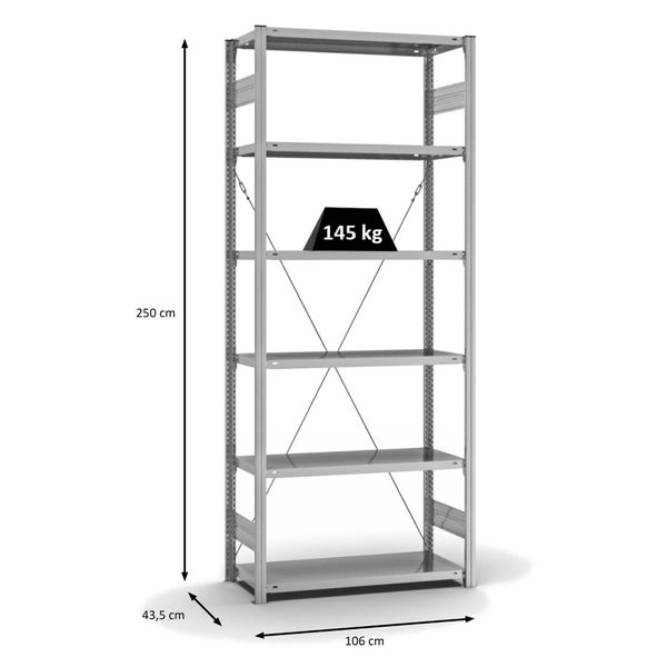PROREGAL Fachbodenregal Stecksystem T-Profil Light-Duty Grundregal HxBxT 250 x 100 x 40 cm 6 Ebenen Fachlast 145 kg Einseitig Nutzbar Verzinkt