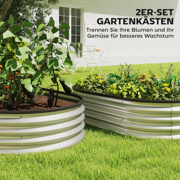 Set aus zwei ovalen Gartenkästen aus Wellblech bepflanzt mit Auberginen und Blumen auf einer Rasenfläche.