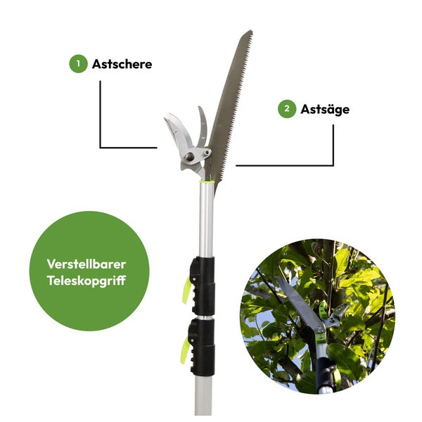 Astschere und Astsäge mit verstellbarem Teleskopgriff.