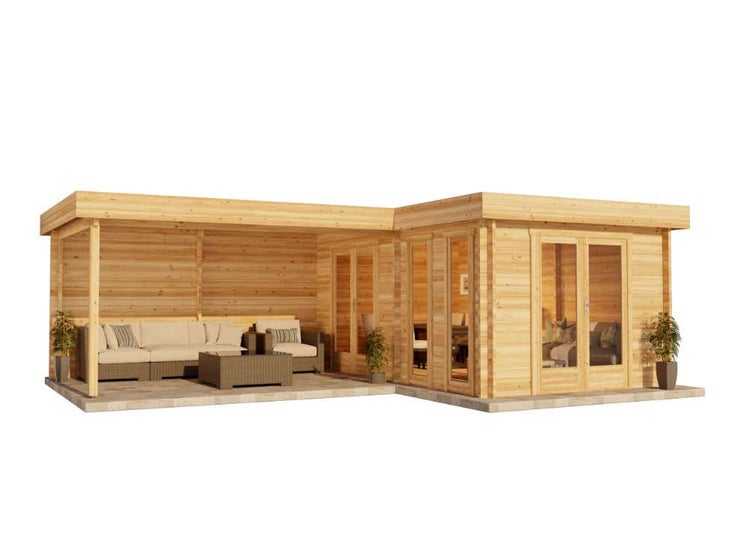 Alpholz Flachdach Gartenhaus Quinta ISO Gartenhaus aus Holz in Pinie, Holzhaus mit 70 mm Wandstärke inklusive Schleppdach FSC zertifiziert, Blockbohlenhaus mit Montagematerial imprägniert 7x5m