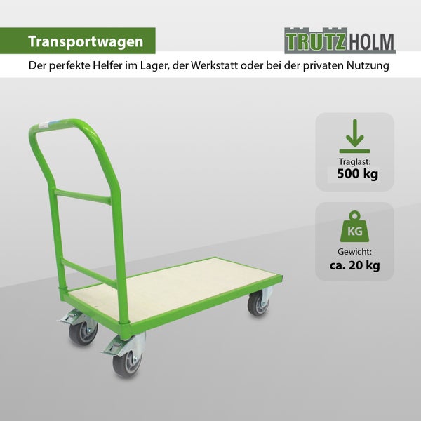 Grüner Transportwagen mit Holzplatte und vier Rädern