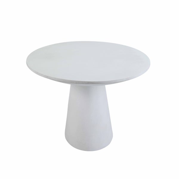 Runder Esstisch in Betonoptik mit konischem Standfuß.