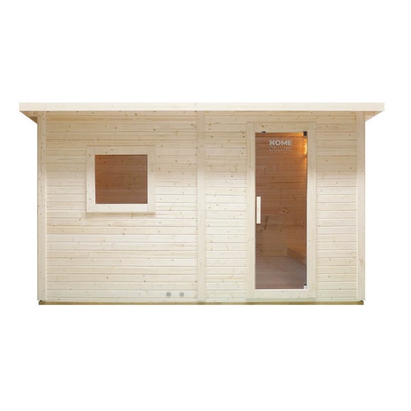 Home Deluxe Gartensauna aus Holz mit Pultdach, quadratischem Fenster und verglaster Eingangstür für den Außenbereich.