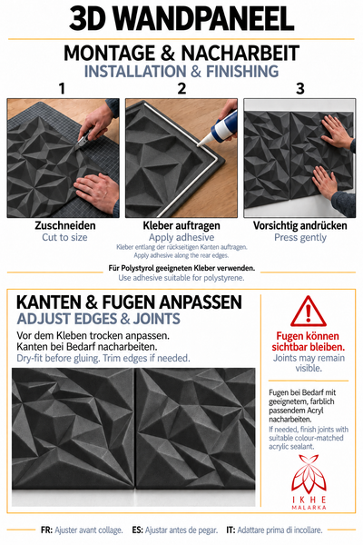 Anleitung zur Montage und Bearbeitung von 3D Wandpaneelen mit Schritten zum Zuschneiden, Kleben und Anbringen sowie Tipps zur Fugenbearbeitung.