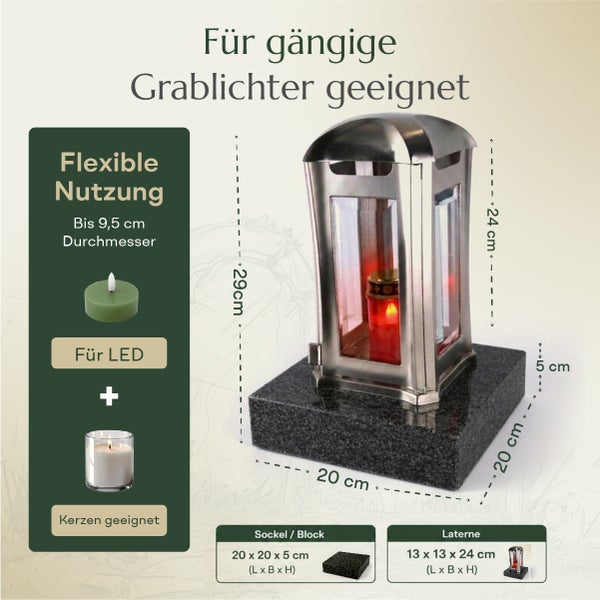 Grablampe aus Metall auf Granitsockel mit Maßangaben und Eignung für Grablichter und LED Kerzen bis 9,5 Zentimeter Durchmesser.