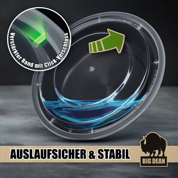 Kunststoffdeckel mit verstärktem Rand und Klickverschluss, auslaufsicher, stabil und spülmaschinengeeignet. Big Dean Logo.