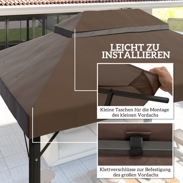 Braunes Pavillondach mit Doppeldach-Konstruktion, Details zur einfachen Montage mit Einstecktaschen und Klettverschlüssen am Metallgestell.