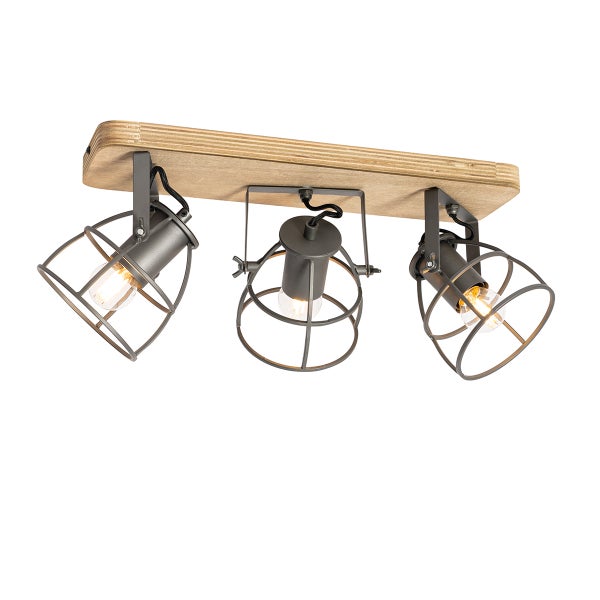 Deckenstrahler mit drei verstellbaren Metallgitterspots und einer Holzplatte zur Deckenmontage