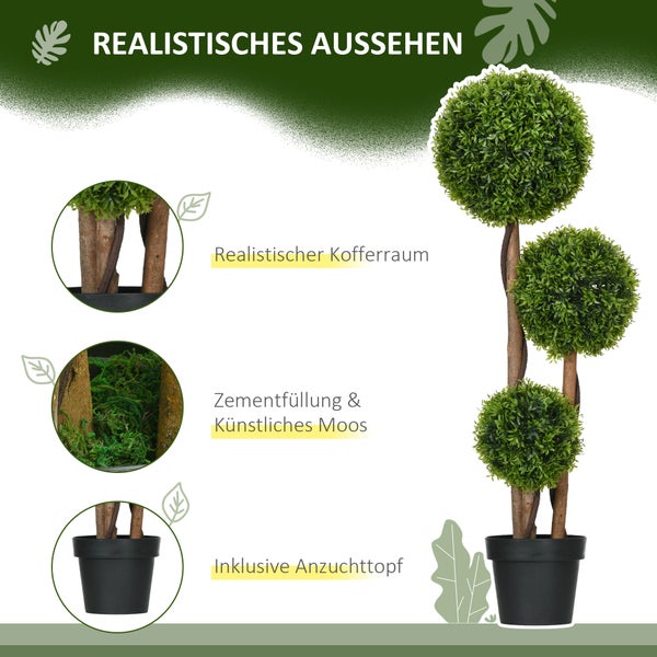 Künstlicher Buchsbaum mit drei Kugeln, naturgetreuem Stamm, Kunstmoos und Zementfüllung im schwarzen Topf.
