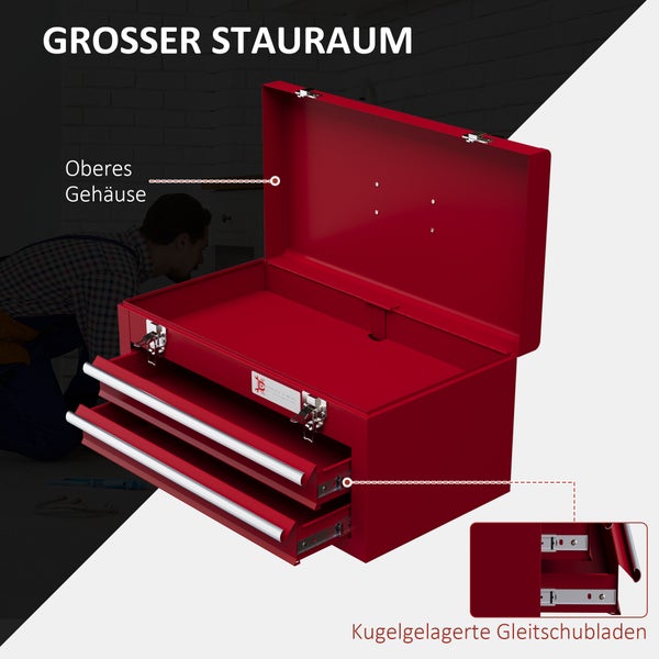 DURHAND Werkzeugkoffer leer, 46 x 24 x 22 cm Werkzeugkasten mit 2 Schubladen, oberes Staufach, Handgriff, Werkzeugkiste mit 2 Schloss, aus Stahl, Rot