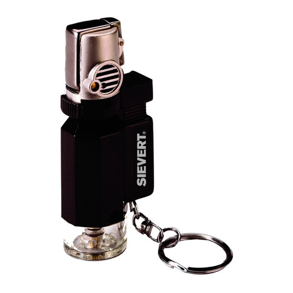 Sievert Mini-Gasbrenner mit Schlüsselanhänger, kompaktes Sturmfeuerzeug mit Metallkopf und transparentem Gastank.