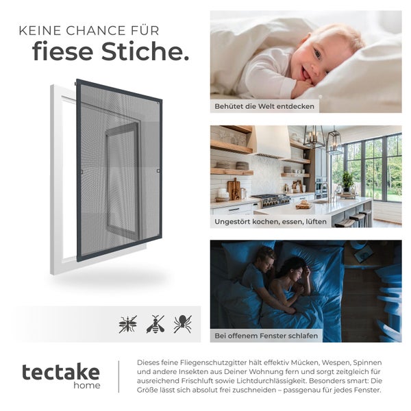 Tectake home Logo. Fliegenschutzgitter für Fenster zum Insektenschutz in Küche und Schlafzimmer, individuell zuschneidbar.
