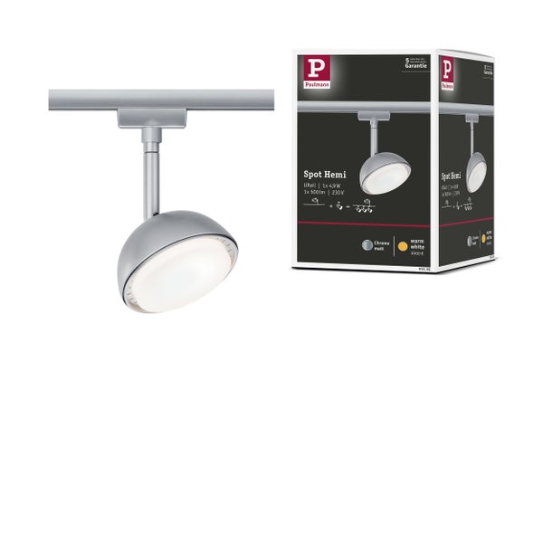 Paulmann URail Spot Hemi in Chrom matt mit Verpackung, warmweiße Lichtfarbe 3000 Kelvin, 500 Lumen, 4,9 Watt und fünf Jahre Garantie.