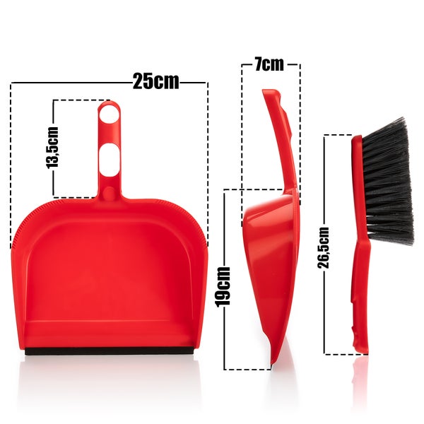 Kehrgarnitur mit Handfeger und Kehrblech, Abmessungen sind dargestellt