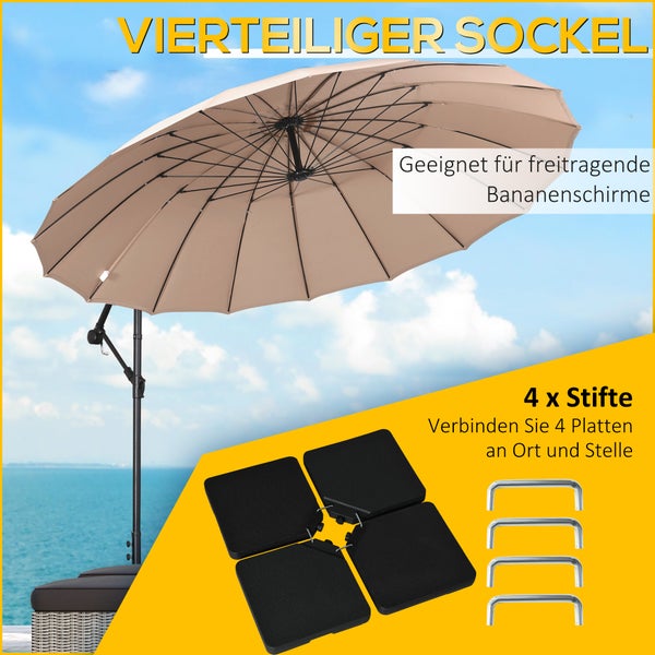 Vierteiliger Sonnenschirmständer für Ampelschirme inklusive vier Verbindungsstiften zur Fixierung der Platten.