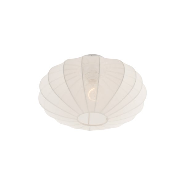 Runde Deckenleuchte aus weißem Textil mit gerippter Oberfläche.