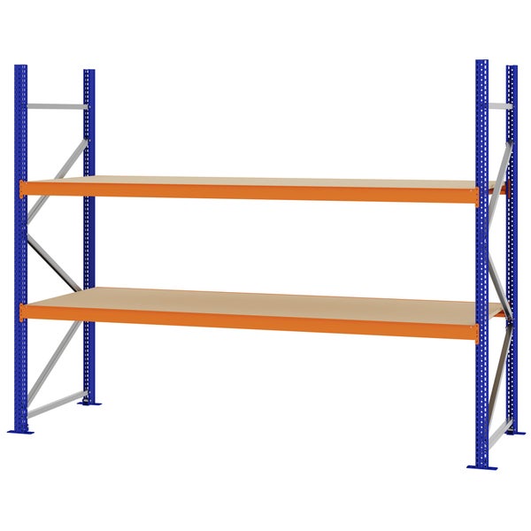 Weitspannregal aus Metall mit zwei Holzböden, blauen Pfosten und orangefarbenen Traversen.