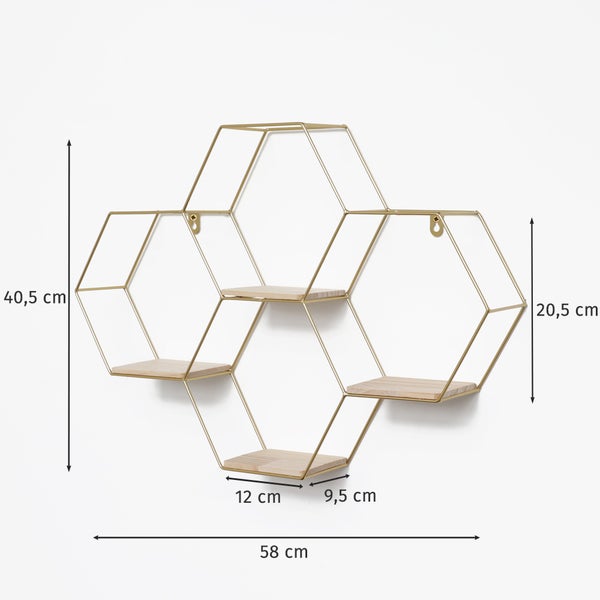 Vierfach sechseckiges Wandregal aus Metall - 40,5 x 58 cm - Gold