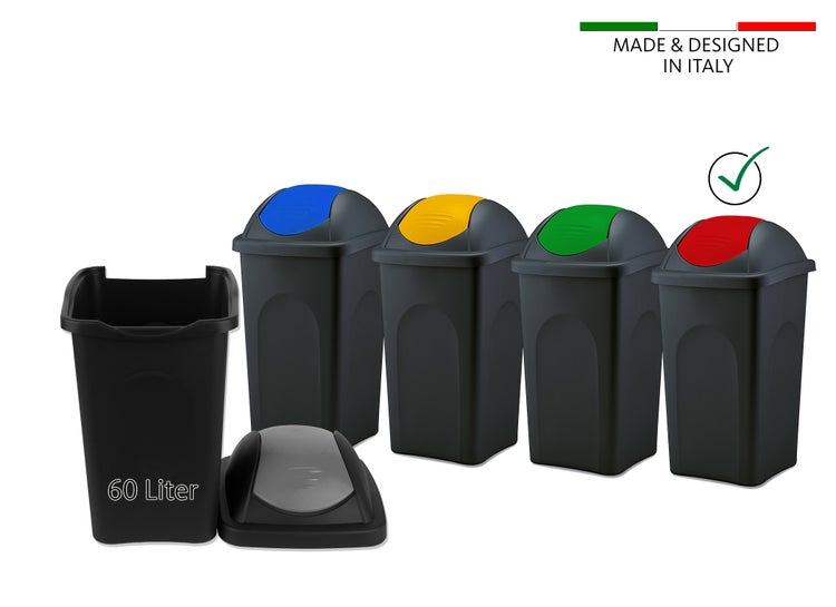 BigDean Mülleimer groß 60L - schwarz - mit Schwingdeckel rot - aus Kunststoff - Müllsammler Abfalleimer Mülltonne Abfallbehälter - Made in Italy