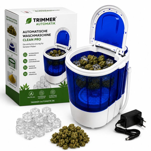 Trimmer Automatik Clean Pro, automatische Waschmaschine zur Pollengewinnung aus Pflanzenmaterial, inklusive Netzteil und Zubehör.