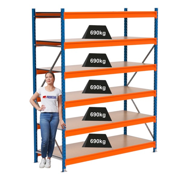 Regal mit fünf Ebenen und einer maximalen Traglast von 690 Kilogramm pro Ebene.